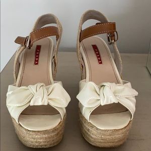 Prada White Patent Bow Cork Wedge